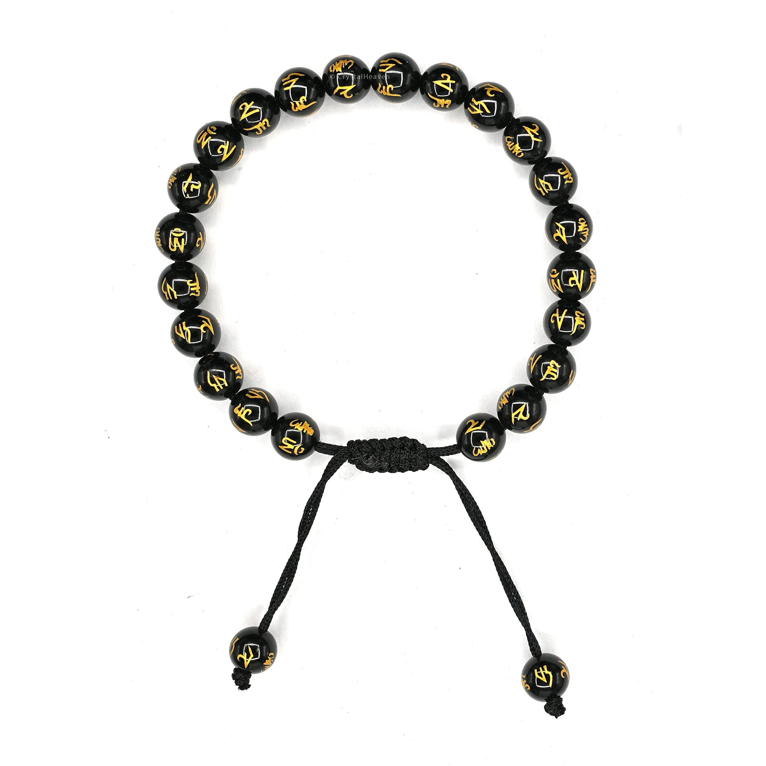 Certified Natural Healing Crystal Bracelet for Women Men - AAA Grade Original Healing Gemstone Adjustable Bracelet for Yoga Reiki Meditation Feng Shui (Black Agate Om Mani Padme Hum)
