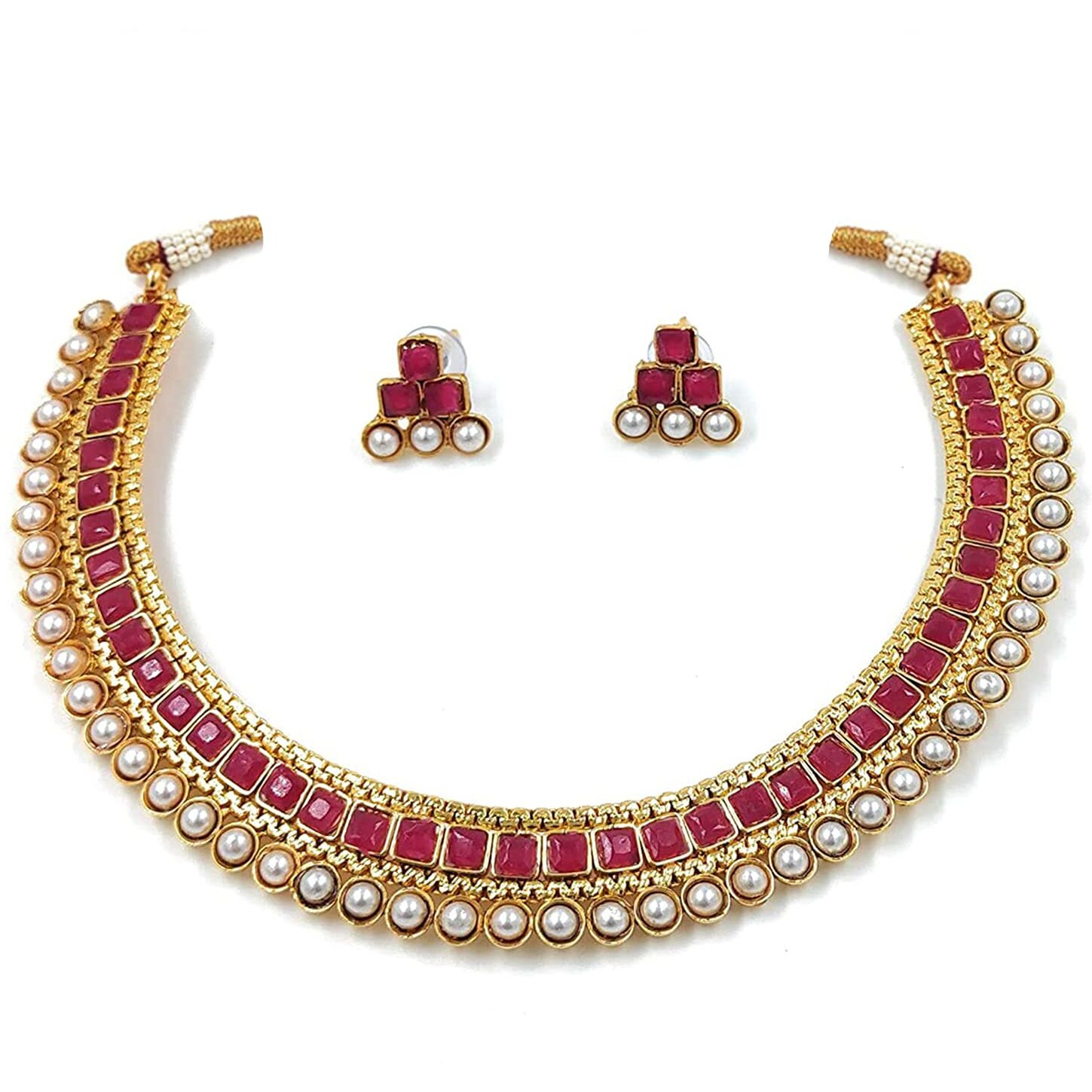 Peora Traditional Gold Plated Red Studded Traditional Choker Necklace & Earrings Jewellery Set for Women Girls