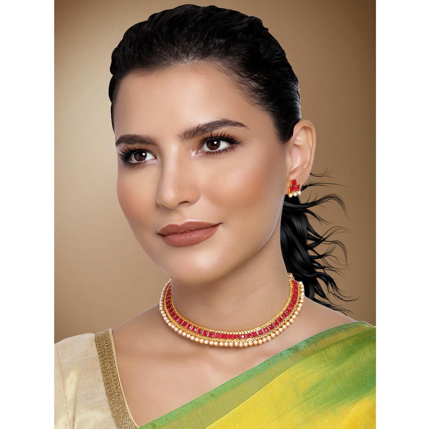 Peora Traditional Gold Plated Red Studded Traditional Choker Necklace & Earrings Jewellery Set for Women Girls