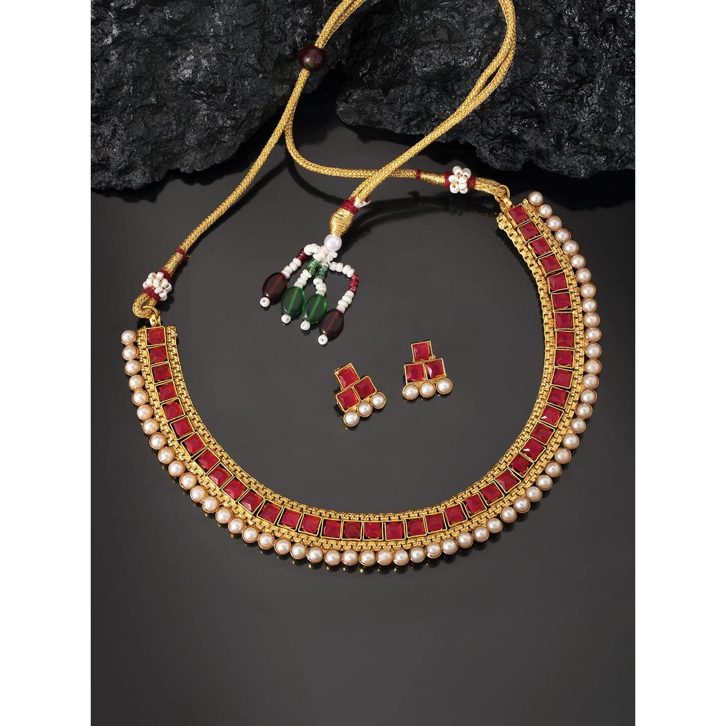 Peora Traditional Gold Plated Red Studded Traditional Choker Necklace & Earrings Jewellery Set for Women Girls