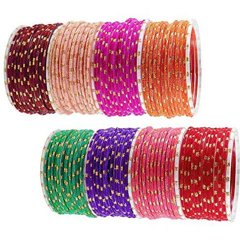 NMII Glass with Velvet worked and Polka Dots Glossy Finished Bangle Set For Women and Girls, (MultiColour2_2.2 Inches), Pack Of 106 Bangle Set