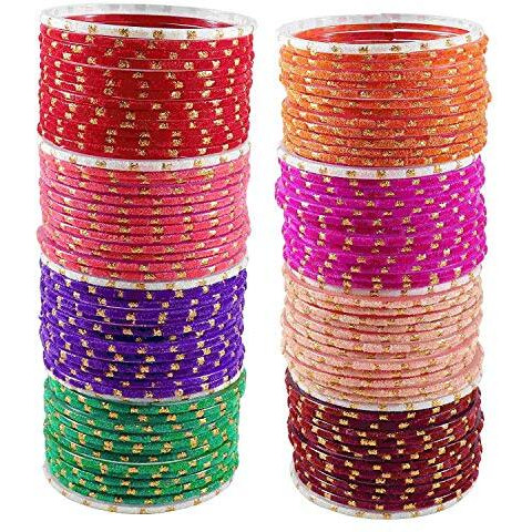 NMII Glass with Velvet worked and Polka Dots Glossy Finished Bangle Set For Women and Girls, (MultiColour2_2.2 Inches), Pack Of 106 Bangle Set