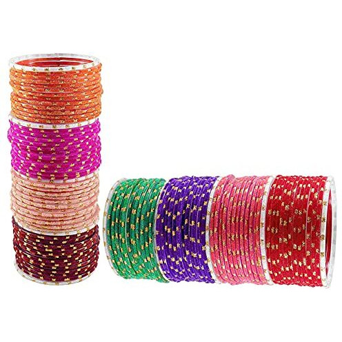 NMII Glass with Velvet worked and Polka Dots Glossy Finished Bangle Set For Women and Girls, (MultiColour2_2.2 Inches), Pack Of 106 Bangle Set