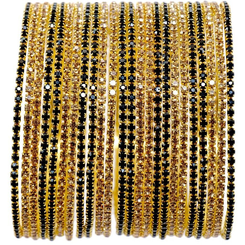 NMII Non-Precious Metal Base Metal with Zircon Gemstone Studded worked Glossy Finished Bangle Set For Women and Girls, (Gold-Black_2.2 Inches), Pack Of 24 Bangle Set