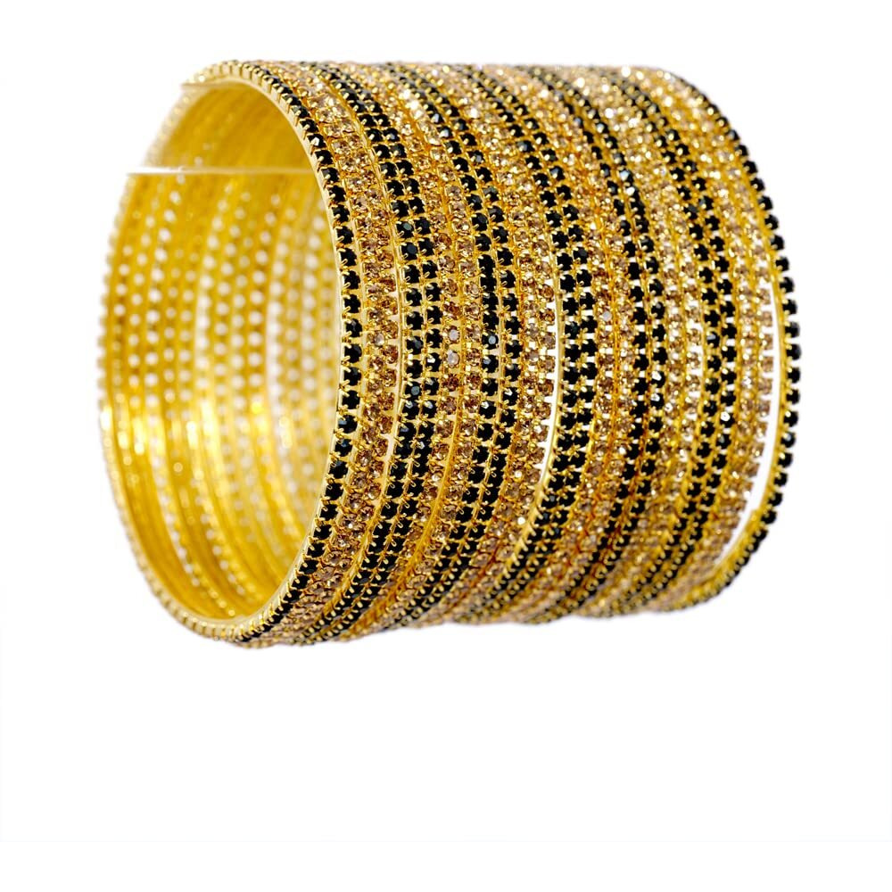 NMII Non-Precious Metal Base Metal with Zircon Gemstone Studded worked Glossy Finished Bangle Set For Women and Girls, (Gold-Black_2.2 Inches), Pack Of 24 Bangle Set
