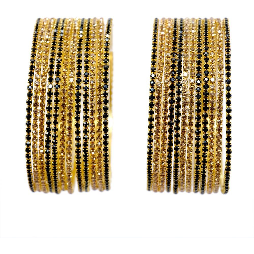 NMII Non-Precious Metal Base Metal with Zircon Gemstone Studded worked Glossy Finished Bangle Set For Women and Girls, (Gold-Black_2.2 Inches), Pack Of 24 Bangle Set
