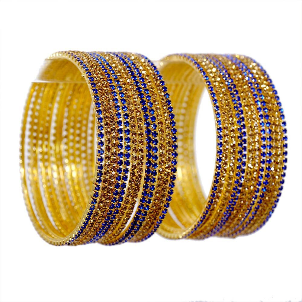 NMII Non-Precious Metal Base Metal with Zircon Gemstone Studded worked Glossy Finished Bangle Set For Women and Girls, (Gold-Blue_2.2 Inches), Pack Of 24 Bangle Set