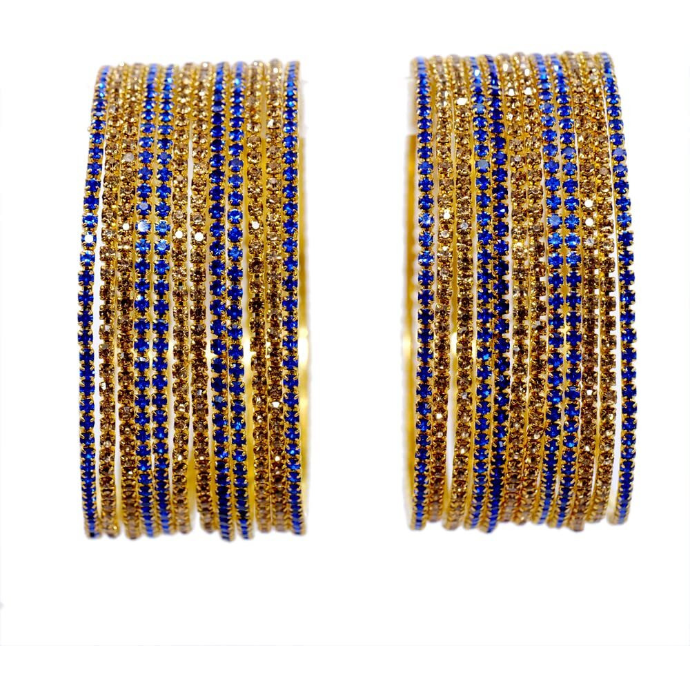 NMII Non-Precious Metal Base Metal with Zircon Gemstone Studded worked Glossy Finished Bangle Set For Women and Girls, (Gold-Blue_2.2 Inches), Pack Of 24 Bangle Set