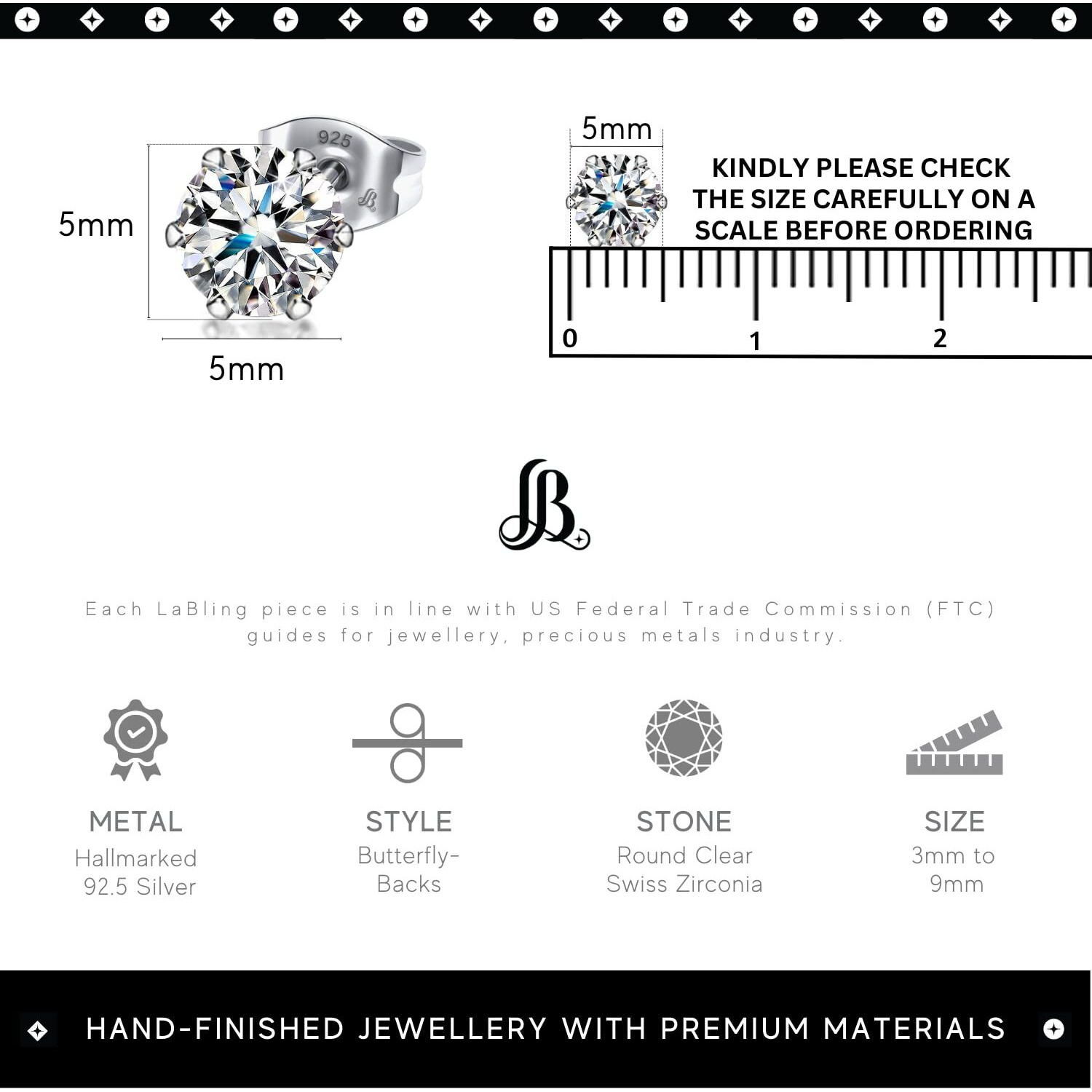 LaBling 925 Sterling Silver Stud Earrings Round Brilliant Cut Cubic Zirconia Tops for Men, Women - Silver 5mm