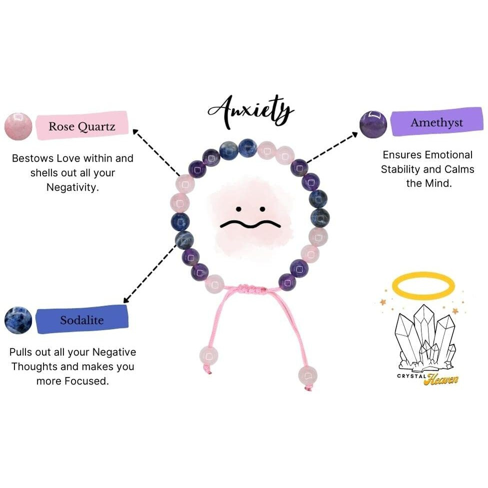 Crystal Heaven Anxiety Relief Crystal Bracelet for Men Women - Rose Quartz, Sodalite, Amethyst Bracelet Set - Real Healing Stone Adjustable Bracelet (Anxiety/Depression/Stress Relief)