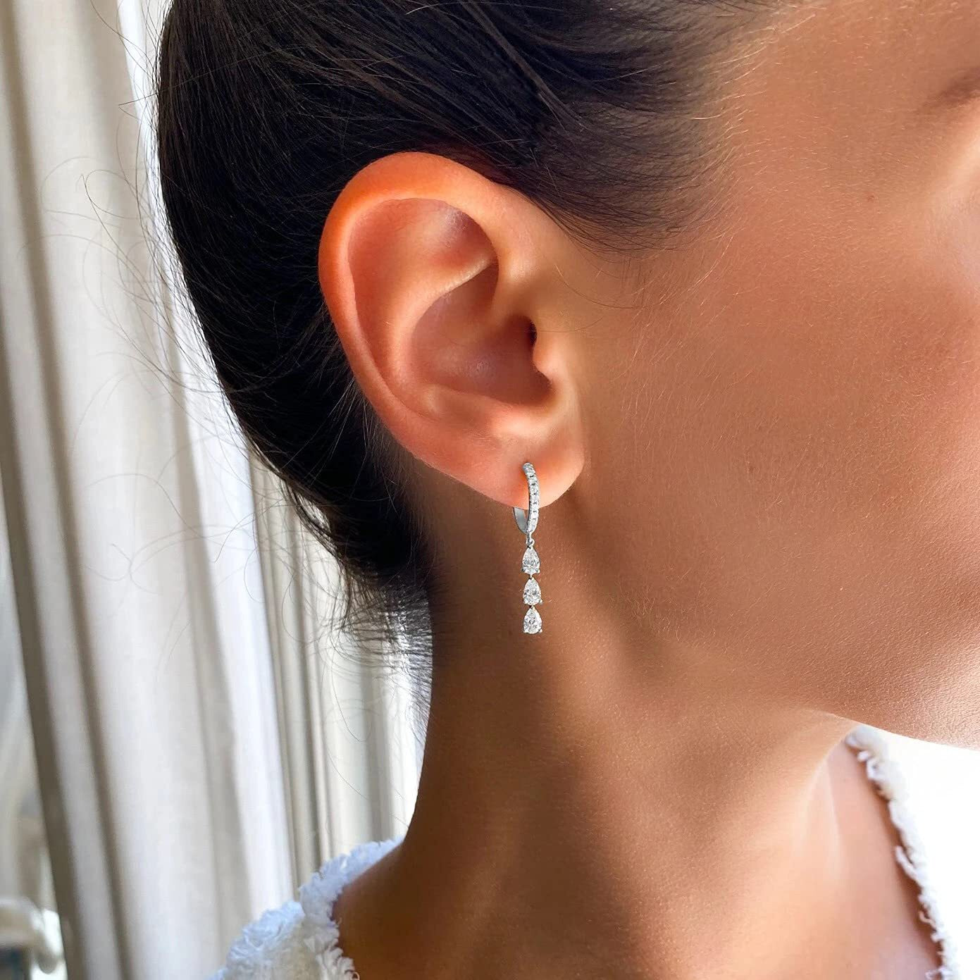 MINUTIAE White Pear Shaped Diamond Earring | Silver Plated Crystal International Fashion Jewelry | Elegant Durable Simple Ear Tops Unique Design | For Womens