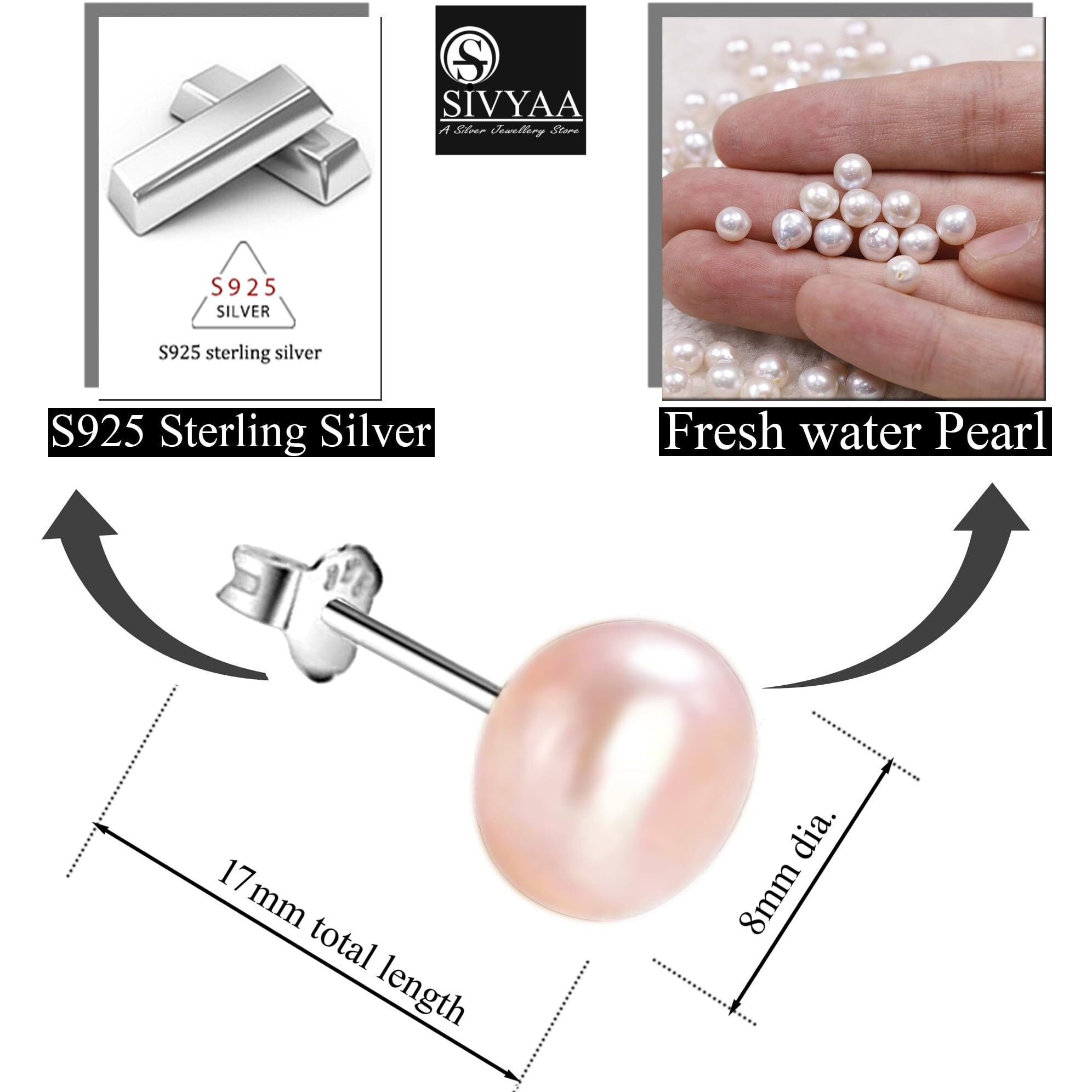 SIVYAA Fresh Water Pearl Earrings Set | Pure 925 Sterling Silver | High Lustre Pink Button Shape Real Pearl Studs| Gift Item for Women & Girls | 6 Month Warranty, Size 8 mm