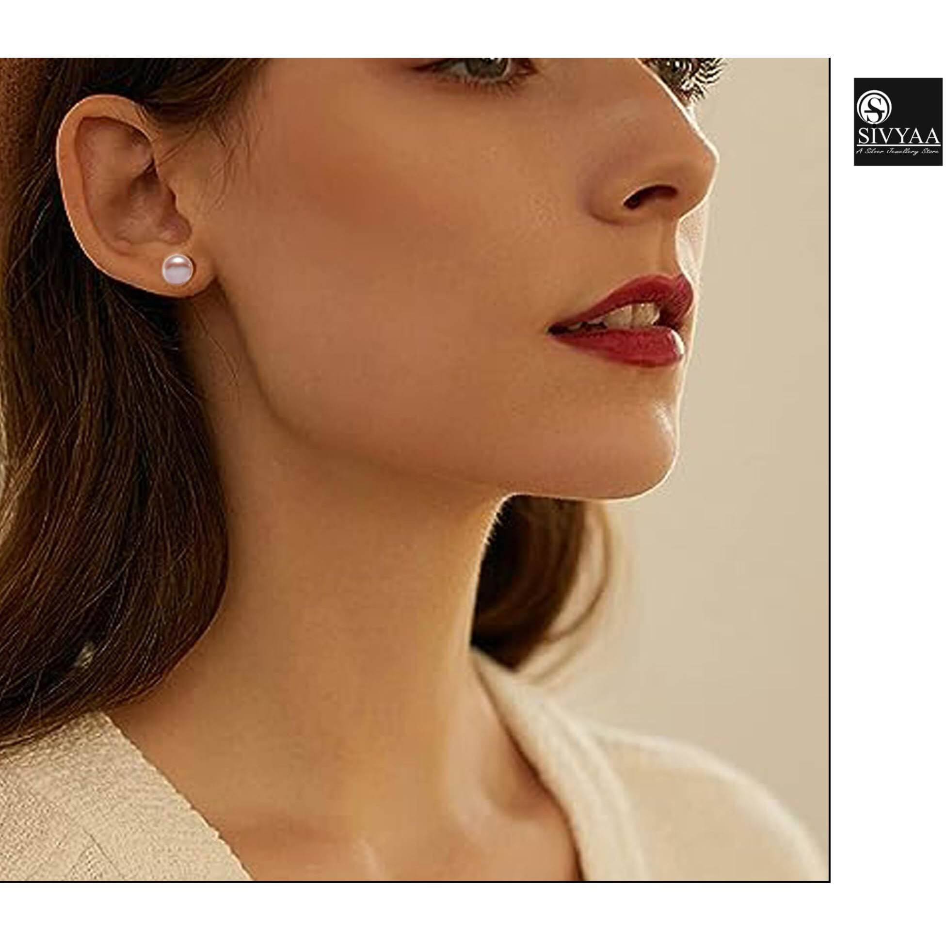 SIVYAA Fresh Water Pearl Earrings Set | Pure 925 Sterling Silver | High Lustre Pink Button Shape Real Pearl Studs| Gift Item for Women & Girls | 6 Month Warranty, Size 8 mm