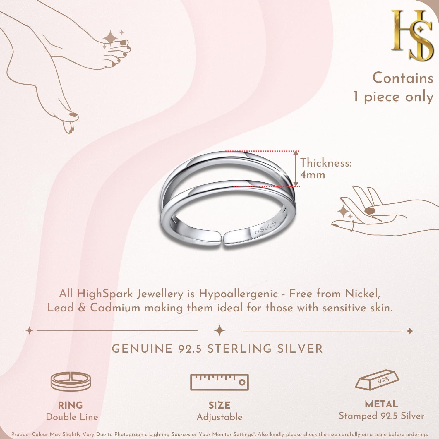 HighSpark Silver Toe Ring for Women | 92.5 Sterling Silver Hypoallergenic Adjustable Toe Rings | Minimal & Elegant Designs - Double Line