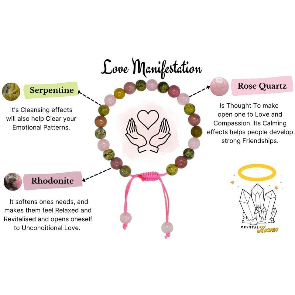 Crystal Heaven Love Crystal Bracelet for Men Women - Serpentine, Rhodonite, Rose Quartz Bracelet Set - Real Healing Stone Adjustable Bracelet