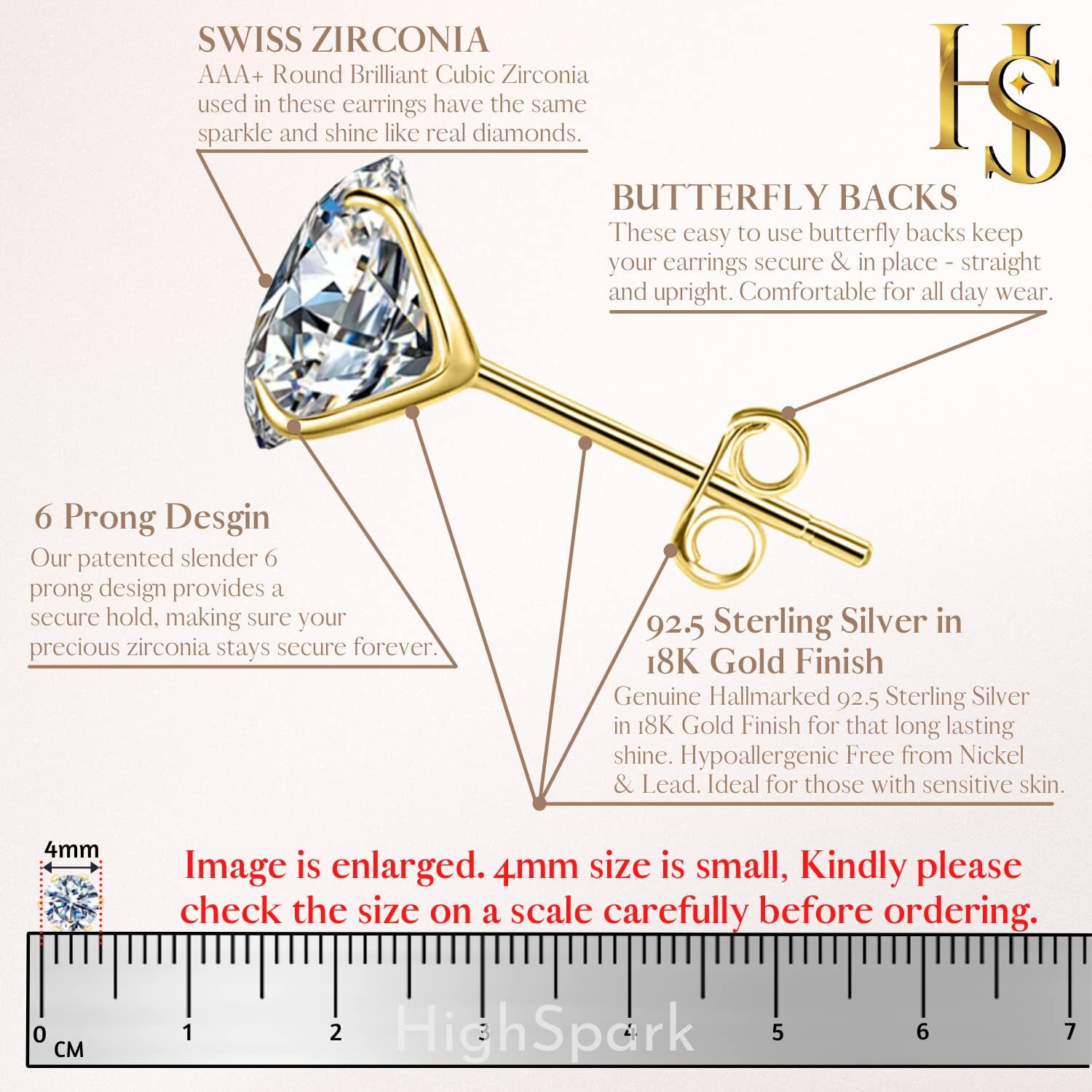 HIGHSPARK 925 Silver Solitaire Stud Earrings in Gold Finish| 92.5 Sterling Silver & Round Brilliant Cubic Zirconia Tops for Men Women Boys & Girls | Gold 4mm
