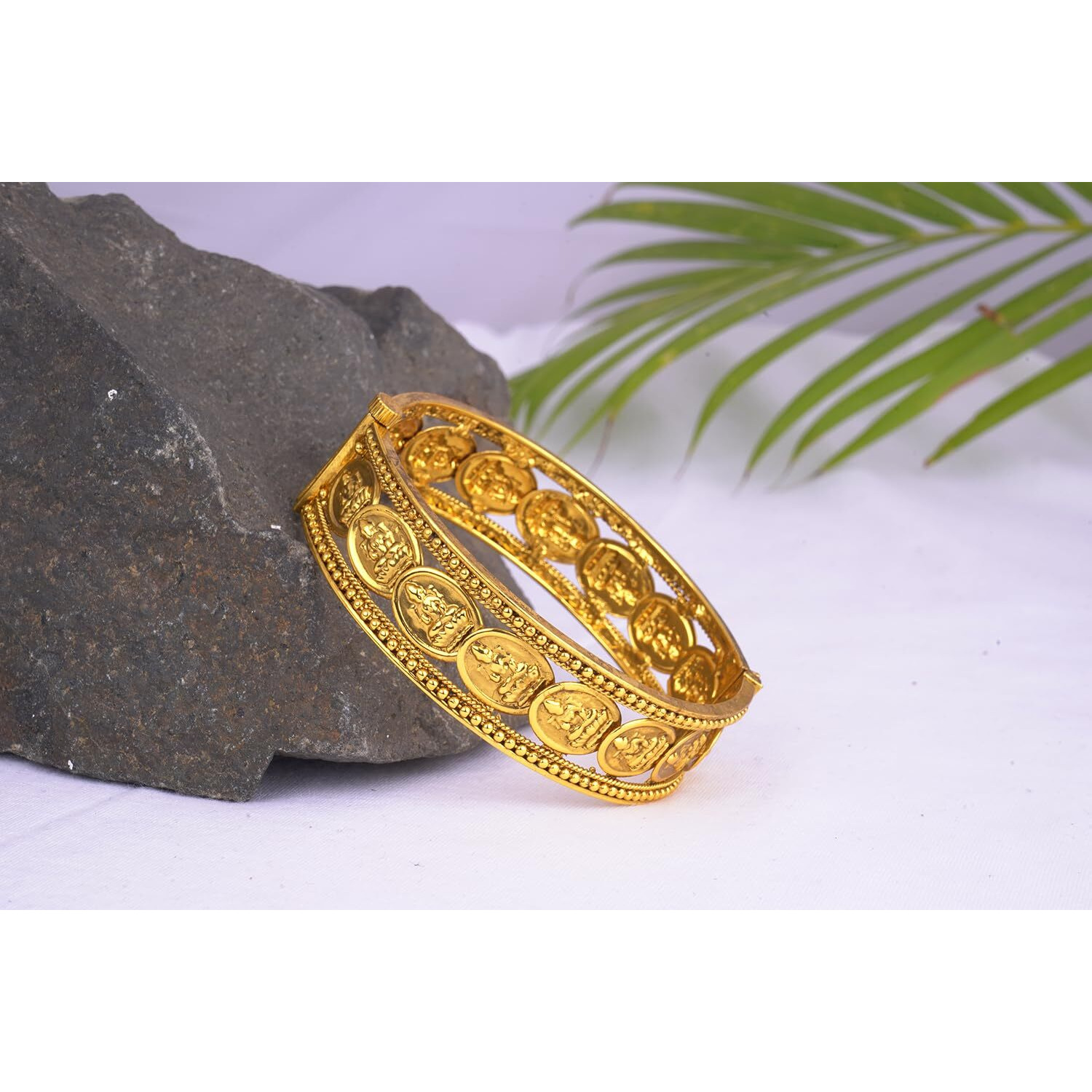 JFL - Jewellery for Less Traditional Antique Gold Plated Oval Laxmi Devi Coin Temple Openable Kada Women and Girls