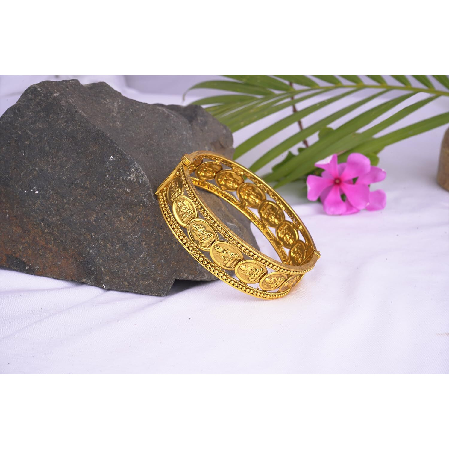 JFL - Jewellery for Less Traditional Antique Gold Plated Oval Laxmi Devi Coin Temple Openable Kada Women and Girls
