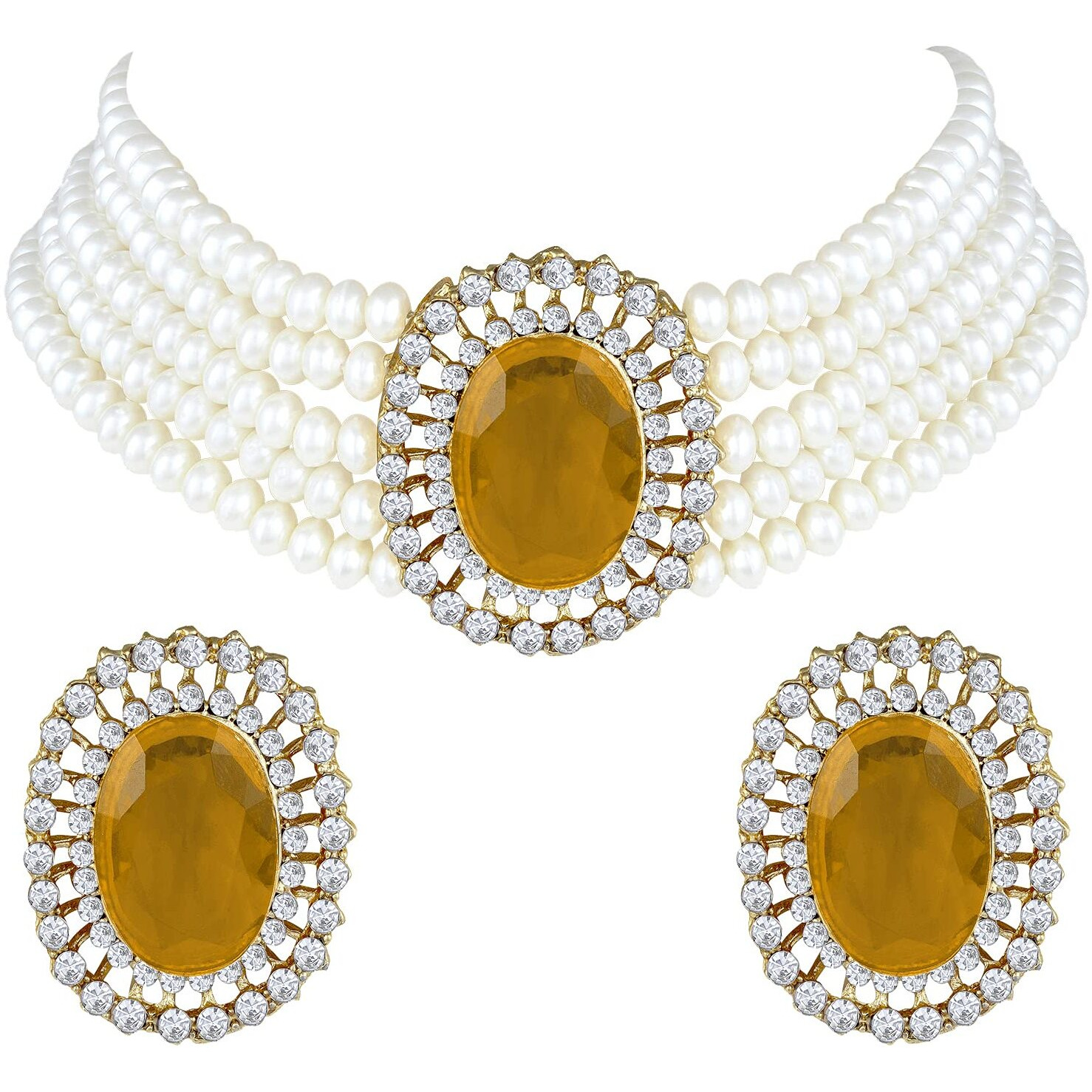 Peora Gold Plated Oval Gold Stone Beaded Adjustable Necklace Jewellery Set for Women