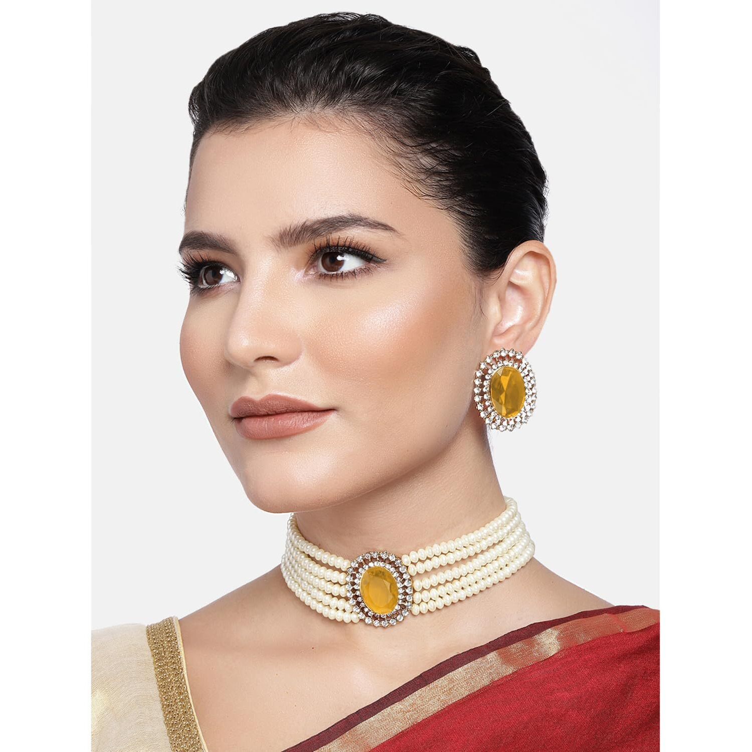 Peora Gold Plated Oval Gold Stone Beaded Adjustable Necklace Jewellery Set for Women