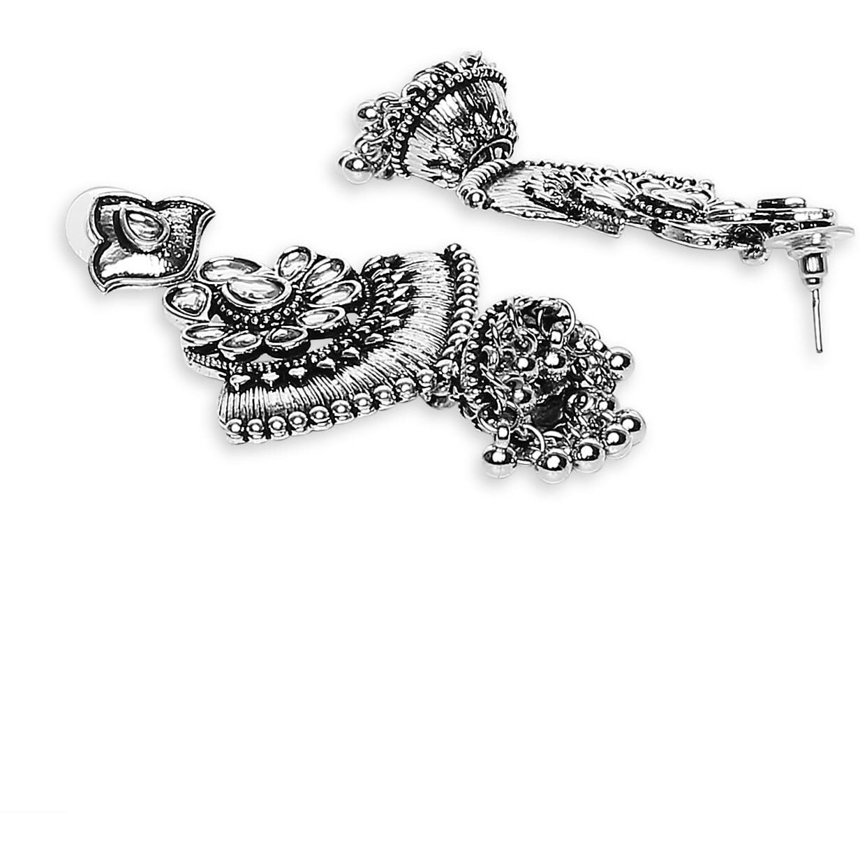 Young & Forever Gift Traditional Fashion Womens Hypoallergenic Silver Black Brass Oxidised Statement Chandbali Jhumka Boho Dangler Earrings for Women and Earring Gift for Girls