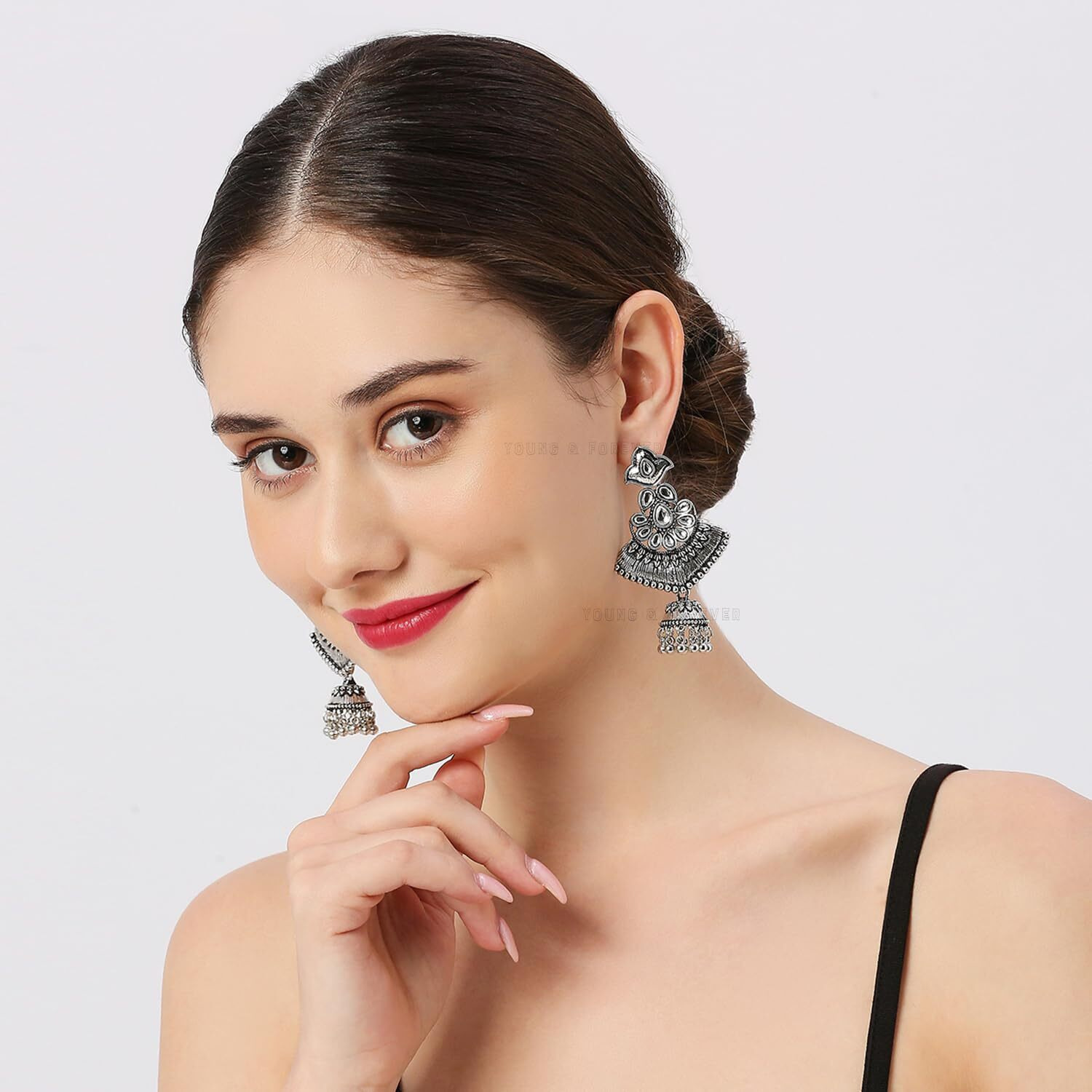 Young & Forever Gift Traditional Fashion Womens Hypoallergenic Silver Black Brass Oxidised Statement Chandbali Jhumka Boho Dangler Earrings for Women and Earring Gift for Girls