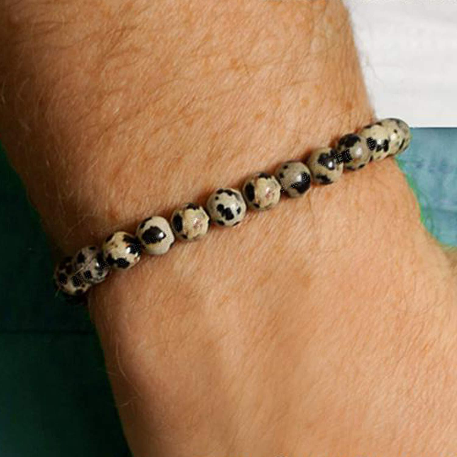 Young & Forever Gift valentine gift for girlfriend boyfriend Certified Reiki Crystal Semi Precious Gemstone Dalmation Jasper Bracelet for Healing Natural Stone Stretch Bracelet for Men and Women
