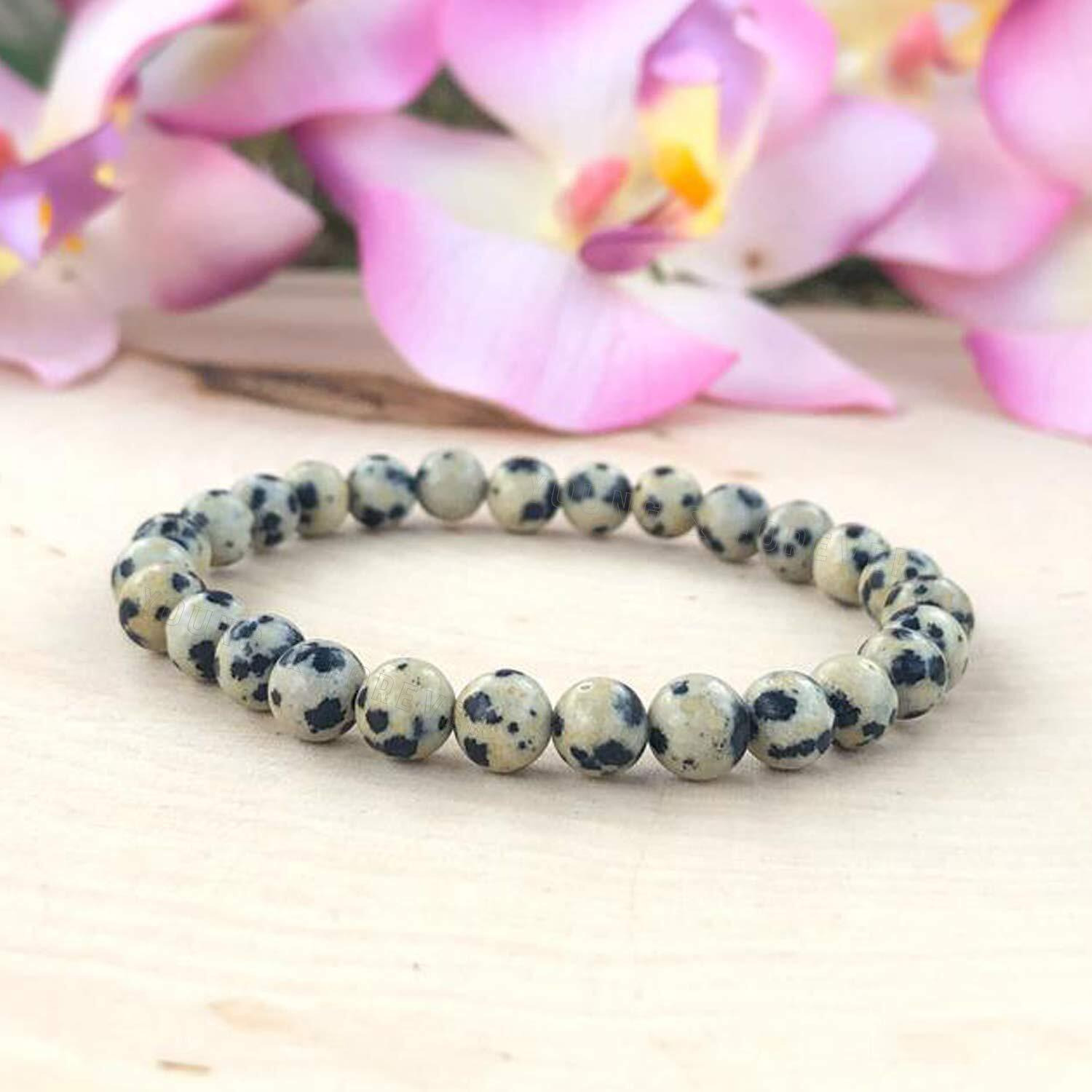 Young & Forever Gift valentine gift for girlfriend boyfriend Certified Reiki Crystal Semi Precious Gemstone Dalmation Jasper Bracelet for Healing Natural Stone Stretch Bracelet for Men and Women