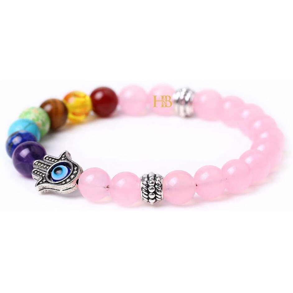 Triple Protection Gemstone Bracelets with Hamsa Hand & Evil Eye Charms - Natural Stones for Balance and Warding Off Negativity. (7 Chakra Rose Quartz Hamsa Evil Eye Bracelet)