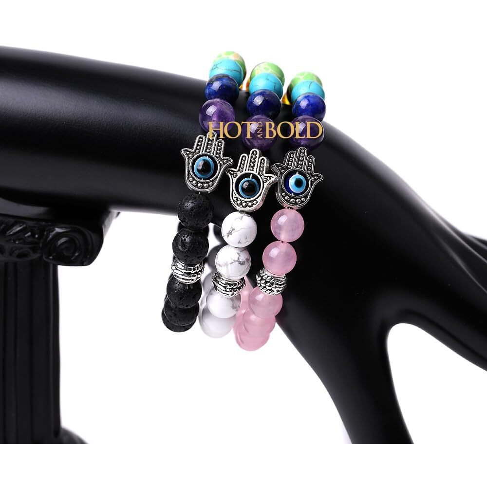 Triple Protection Gemstone Bracelets with Hamsa Hand & Evil Eye Charms - Natural Stones for Balance and Warding Off Negativity. (7 Chakra Rose Quartz Hamsa Evil Eye Bracelet)