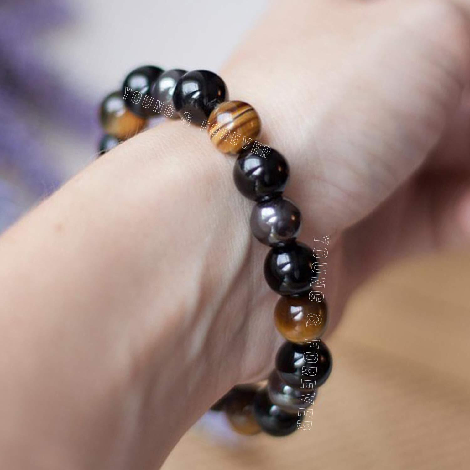 Young & Forever Gift Reiki Infused Handmade Chakra Bracelets Semi Precious Gemstone Golden Brown Tiger Eye Onyx Hematite Weight Loss Healing Crystal Bracelet for Men