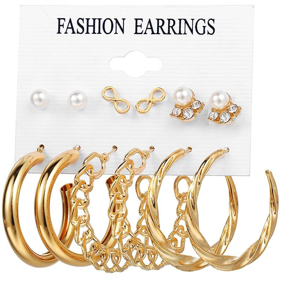 Shining Diva Fashion 6 Pairs Combo Latest Stylish Design Metal Earrings for Women and Girls (B12727er), Golden, 1