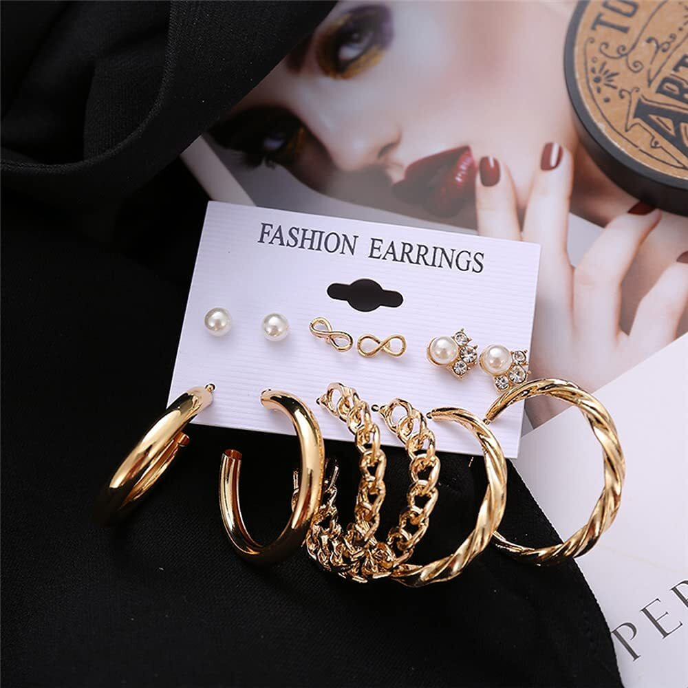 Shining Diva Fashion 6 Pairs Combo Latest Stylish Design Metal Earrings for Women and Girls (B12727er), Golden, 1