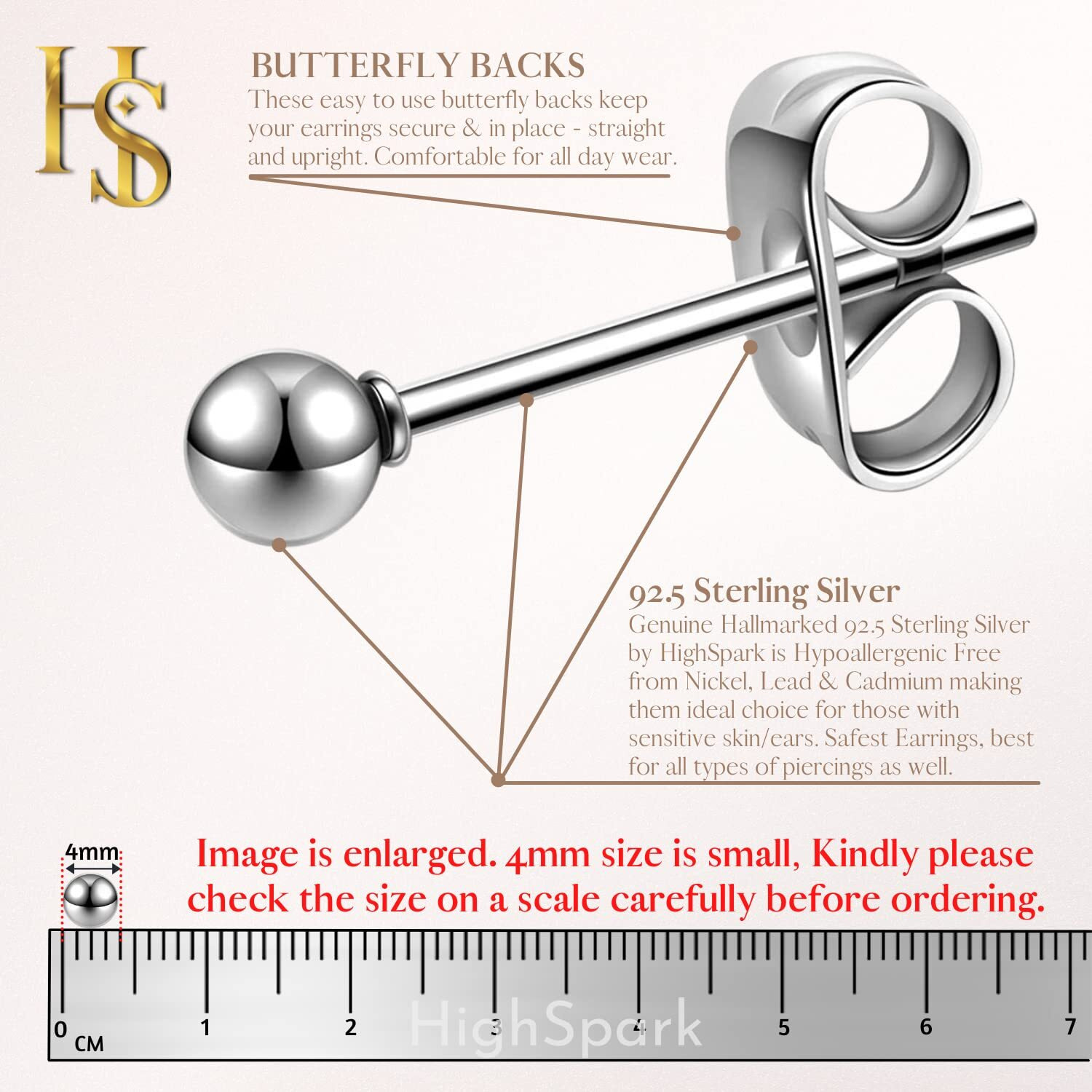 HIGHSPARK 925 Silver Ball Earrings | 92.5 Sterling Silver Plain Ball Stud Earrings for Women Men Boys & Girls | Silver 4mm