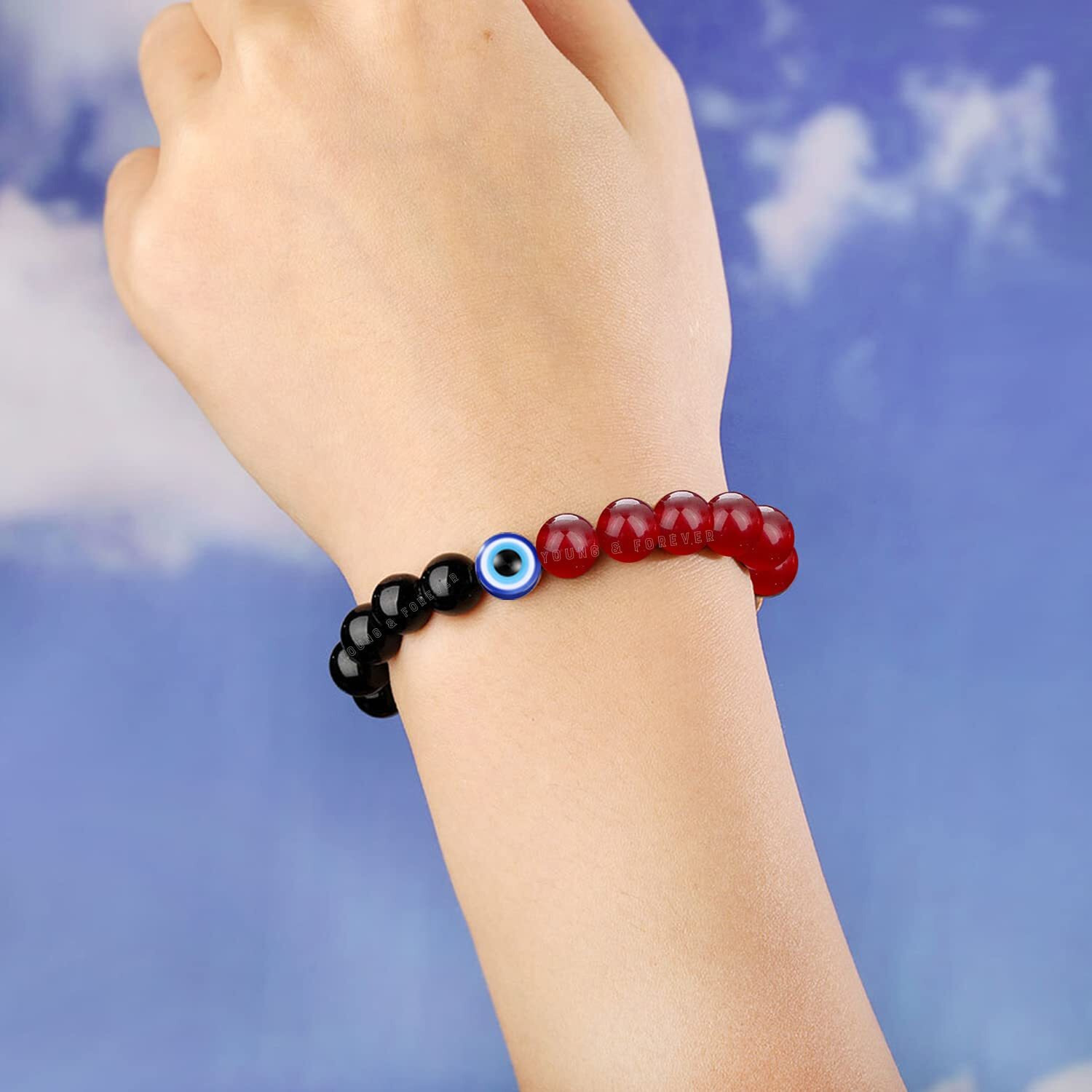 Young & Forever Gift Red Onyx and Matt Onyx Evil Eye Bracelet For Men