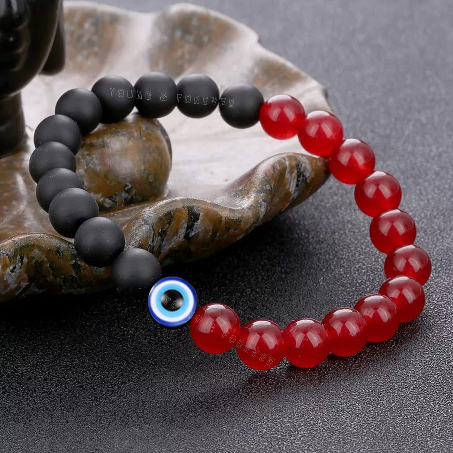 Young & Forever Gift Red Onyx and Matt Onyx Evil Eye Bracelet For Men