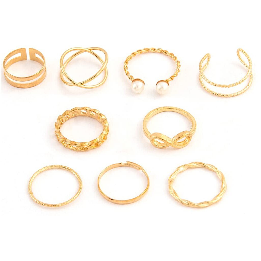 Shining Diva Fashion Latest Stylish Metal Boho Midi Finger Rings for Women and Girls - Set of 9 (13058r), Golden