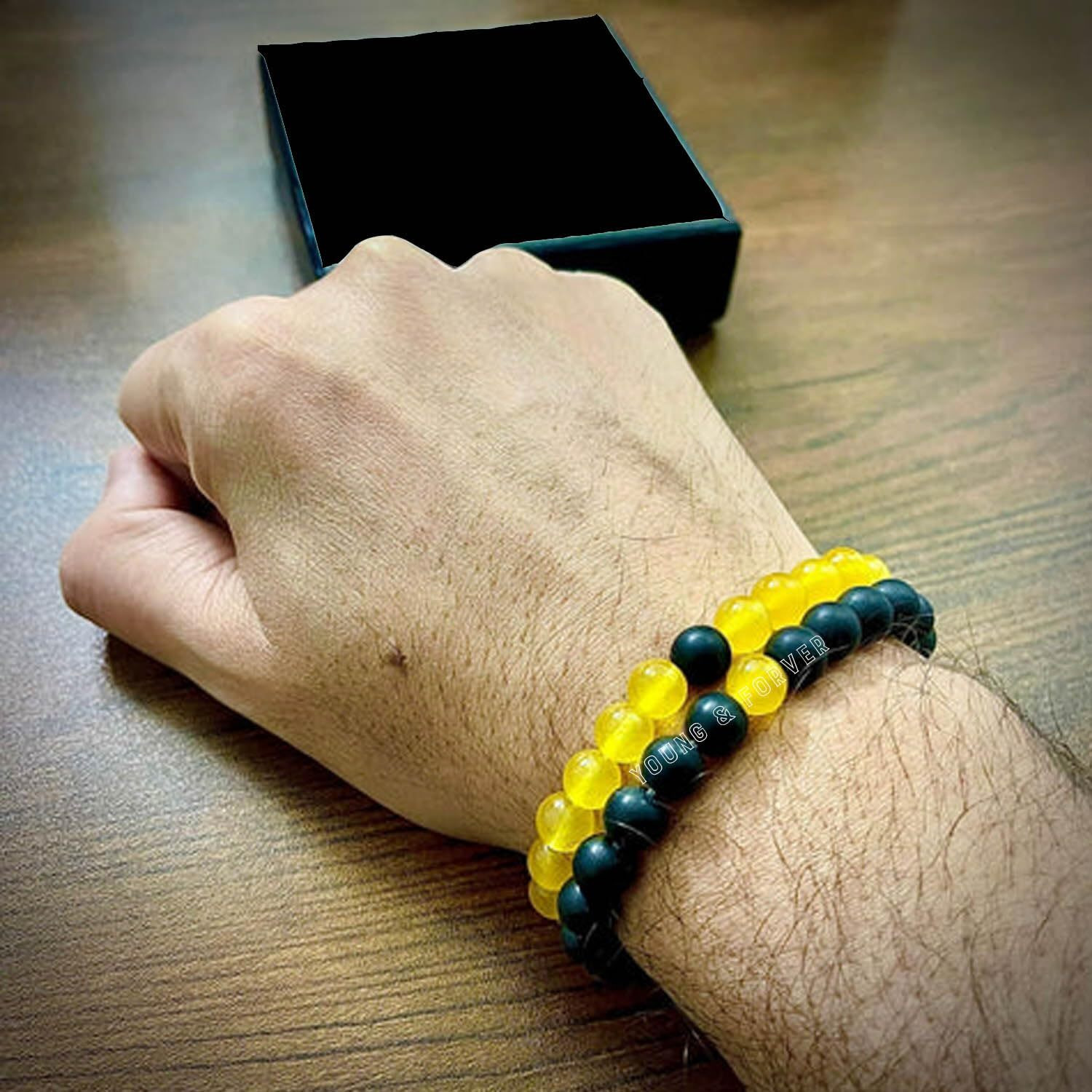 Young & Forever Gift Mens Beaded Bracelets Onyx Stone Beads for Women Anxiety Long Distance Relationships Yellow Jade Couples Bracelets Set of 2 Couples Gift