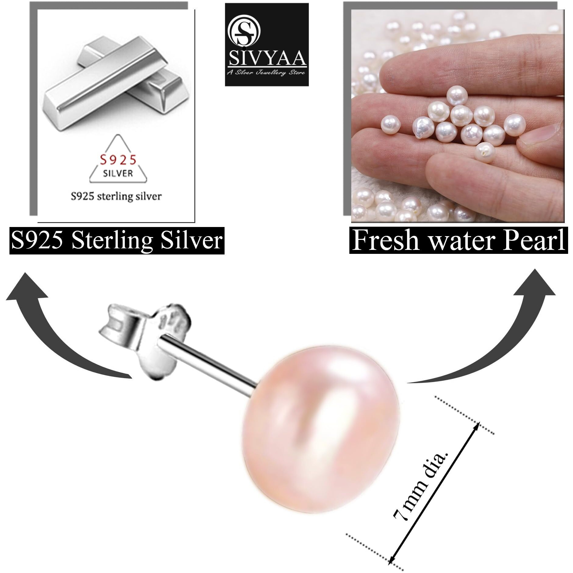 SIVYAA Fresh Water Pearl Earrings Set | Pure 925 Sterling Silver | High Lustre Pink Button Shape Real Pearl Studs| Gift Item for Women & Girls | 6 Month Warranty, Size 7 mm