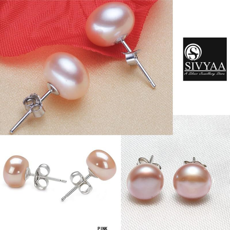 SIVYAA Fresh Water Pearl Earrings Set | Pure 925 Sterling Silver | High Lustre Pink Button Shape Real Pearl Studs| Gift Item for Women & Girls | 6 Month Warranty, Size 7 mm
