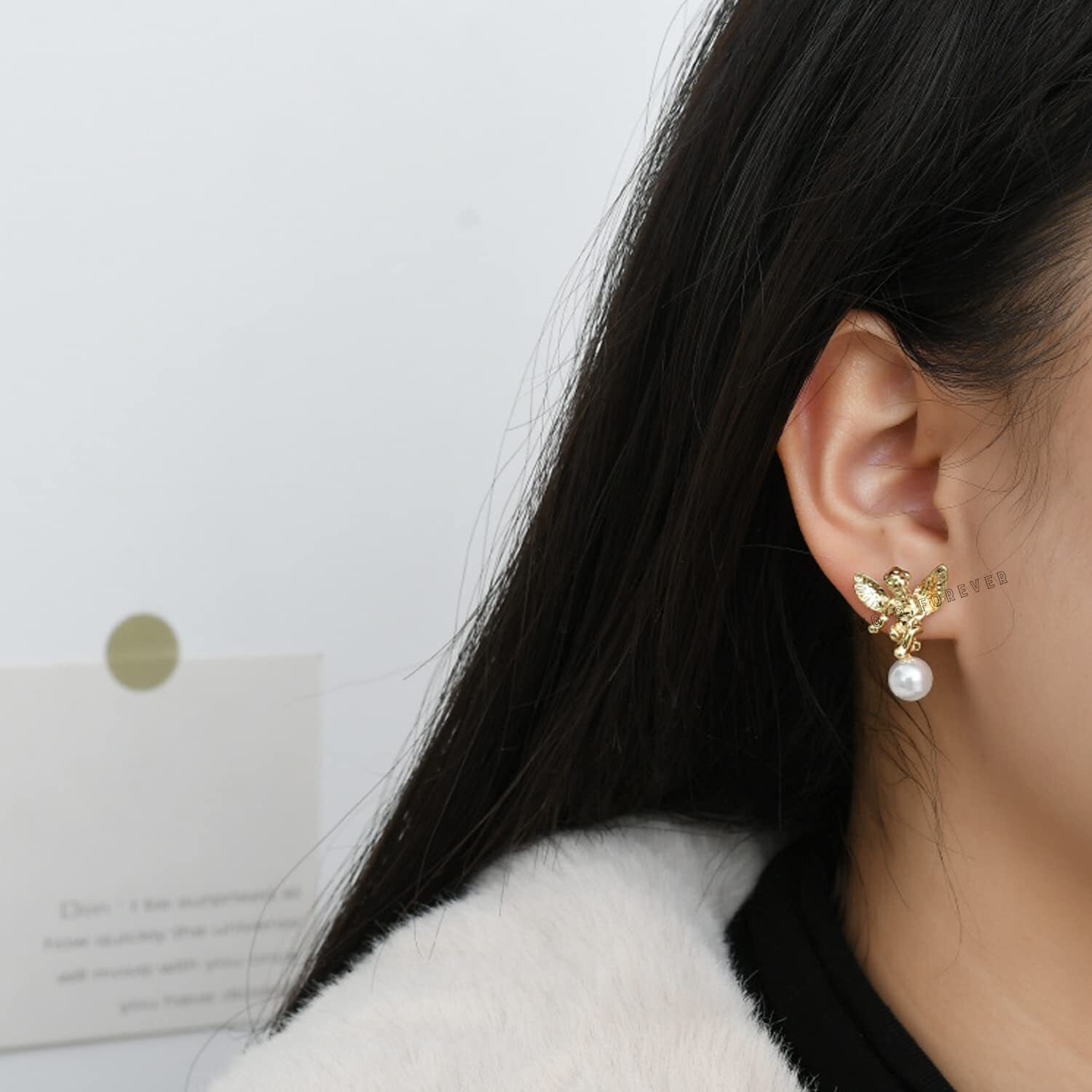 Young & Forever Gift Cherub Angel Cupid Baby Angels Feathered Winged Stud Earrings Cupid Angel Pearl Earrings Golden Art Angel Earrings Gold Mini Dangle Earrings Baroque Earrings Kawaii Earrings