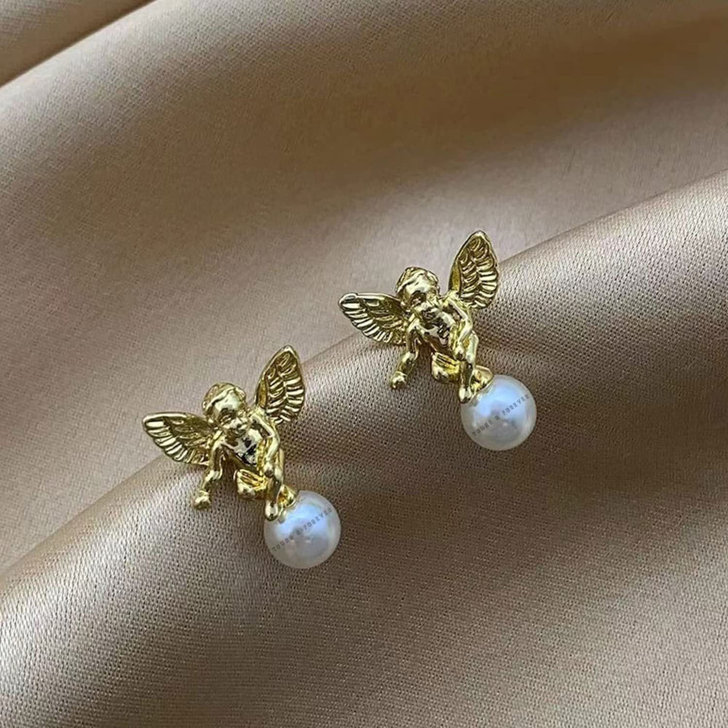 Young & Forever Gift Cherub Angel Cupid Baby Angels Feathered Winged Stud Earrings Cupid Angel Pearl Earrings Golden Art Angel Earrings Gold Mini Dangle Earrings Baroque Earrings Kawaii Earrings