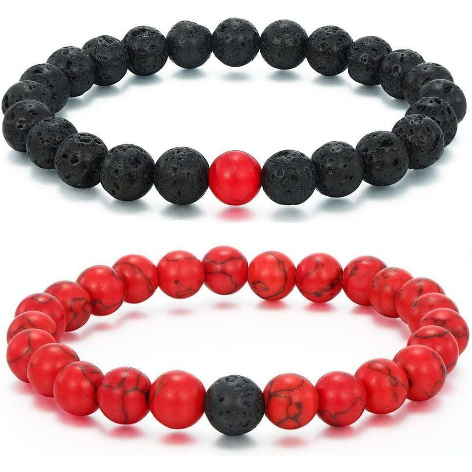 Couple Beads Long Distance Bracelets with Natural Stones and Healing Properties - His & Hers Matching Set. (Crystal Harmony Bracelet (Red Turquoise + Lava Stone))