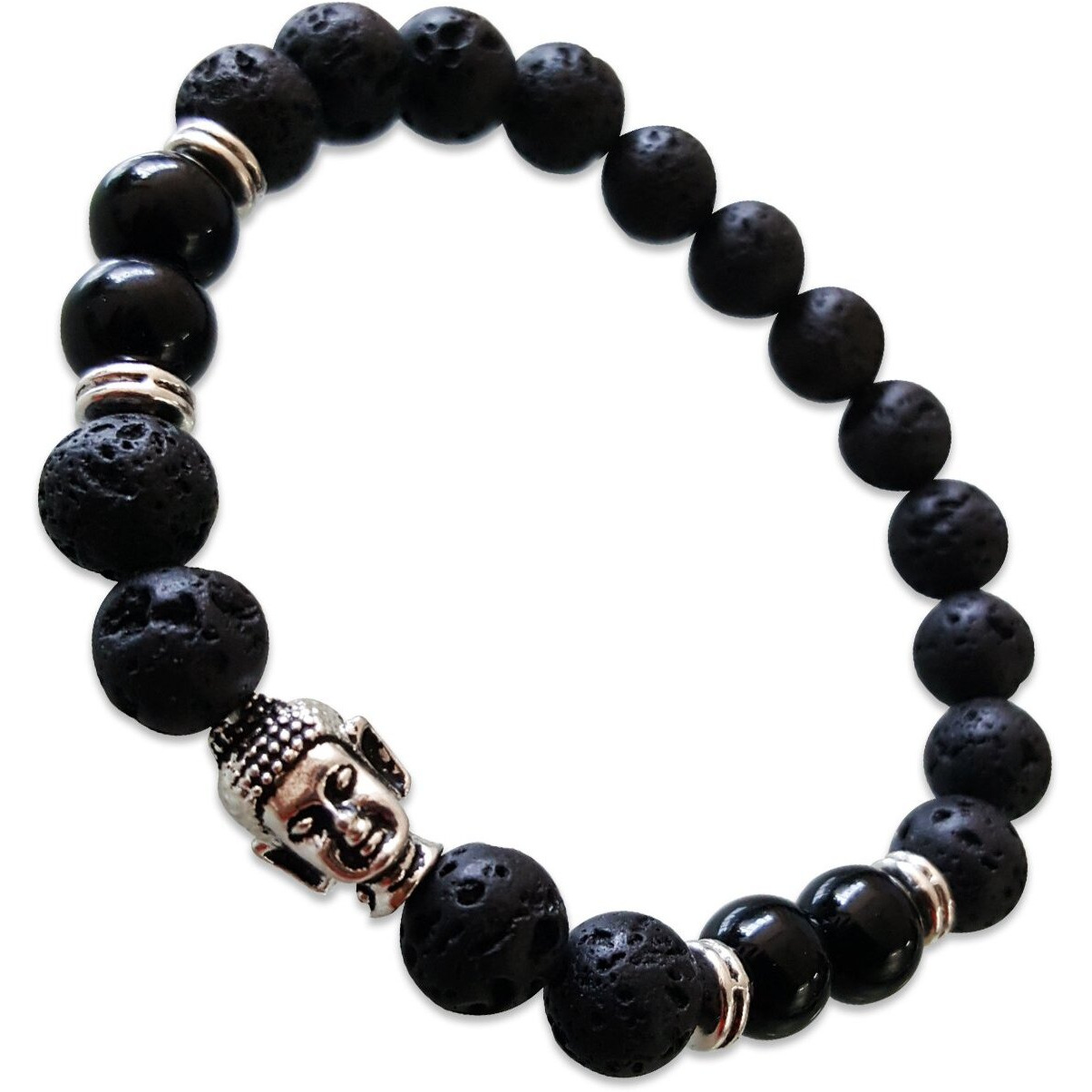 Young & Forever Gift DVine Black Lava Stone Hematite Jasper Reiki Yoga Meditation Buddha Beads Diffuser Unisex Bracelet (Lava-Onyx-Silver Buddha)(B55563) For Unisex Adult