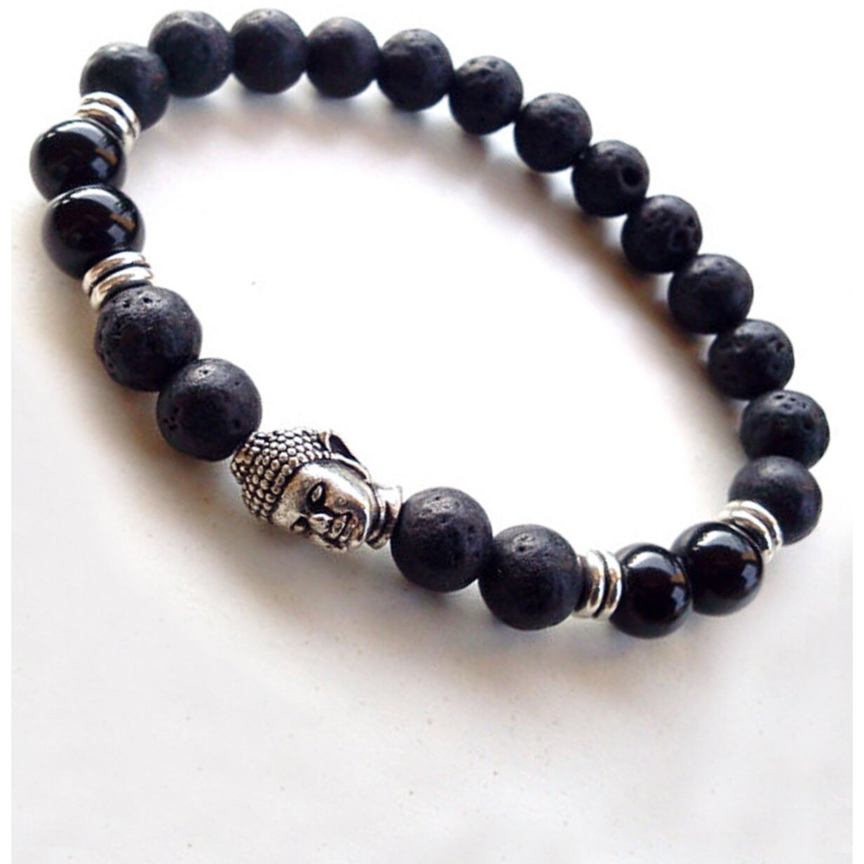 Young & Forever Gift DVine Black Lava Stone Hematite Jasper Reiki Yoga Meditation Buddha Beads Diffuser Unisex Bracelet (Lava-Onyx-Silver Buddha)(B55563) For Unisex Adult