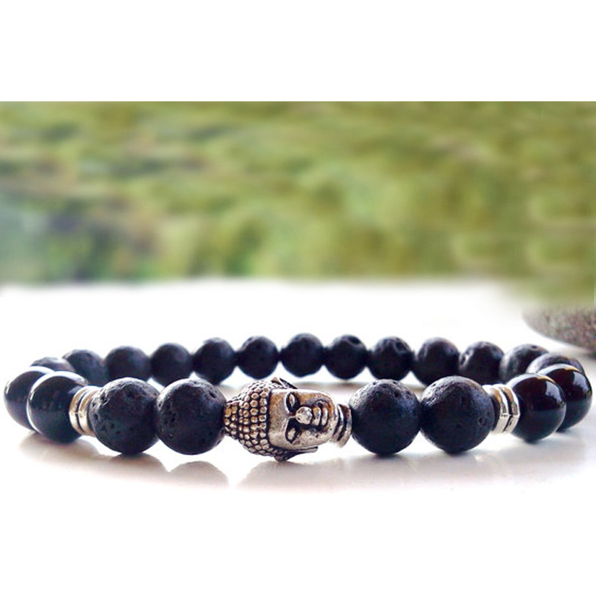 Young & Forever Gift DVine Black Lava Stone Hematite Jasper Reiki Yoga Meditation Buddha Beads Diffuser Unisex Bracelet (Lava-Onyx-Silver Buddha)(B55563) For Unisex Adult