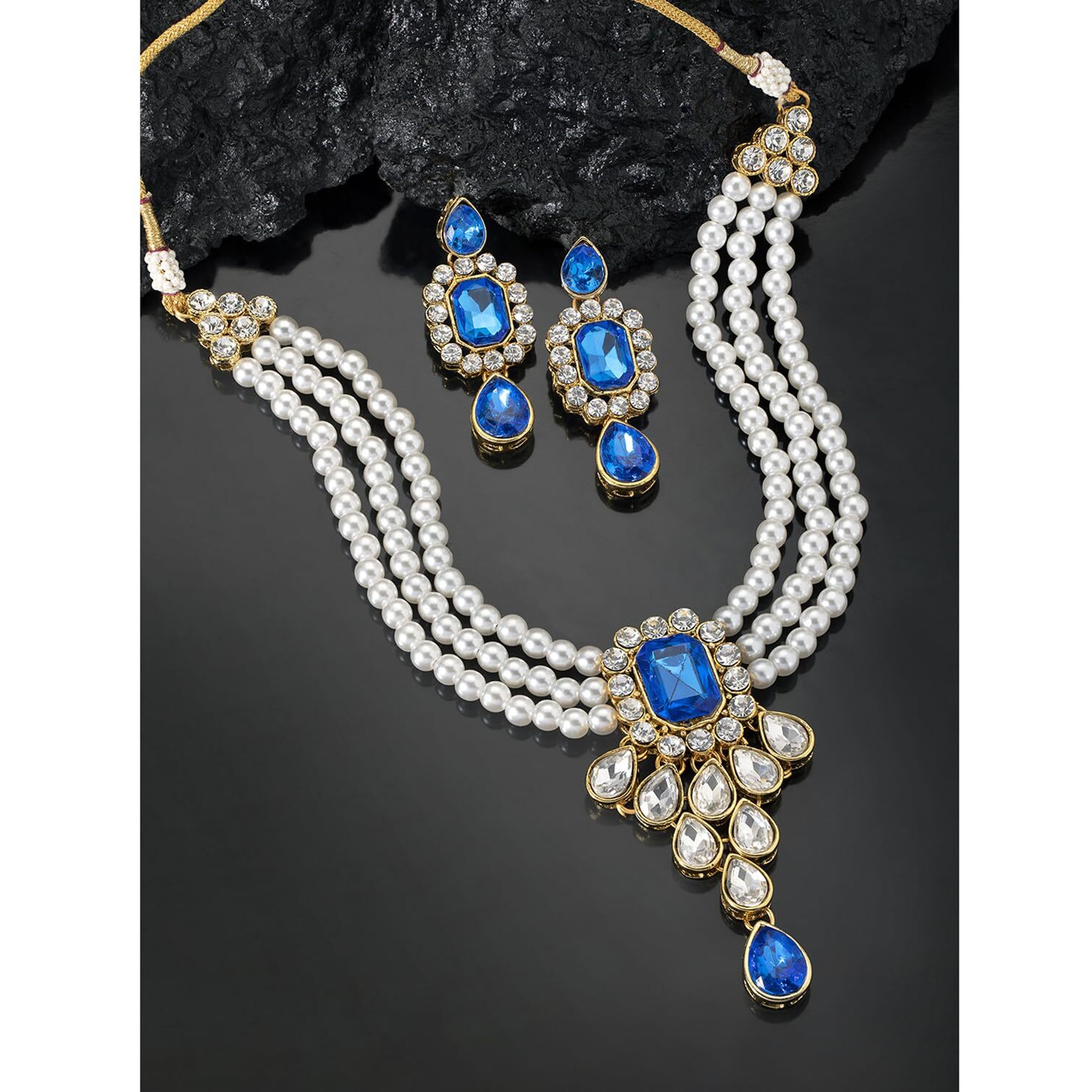 Peora Maroon Crystal Pearl Necklace Earring Traditional Jewellery Set for Women Girls