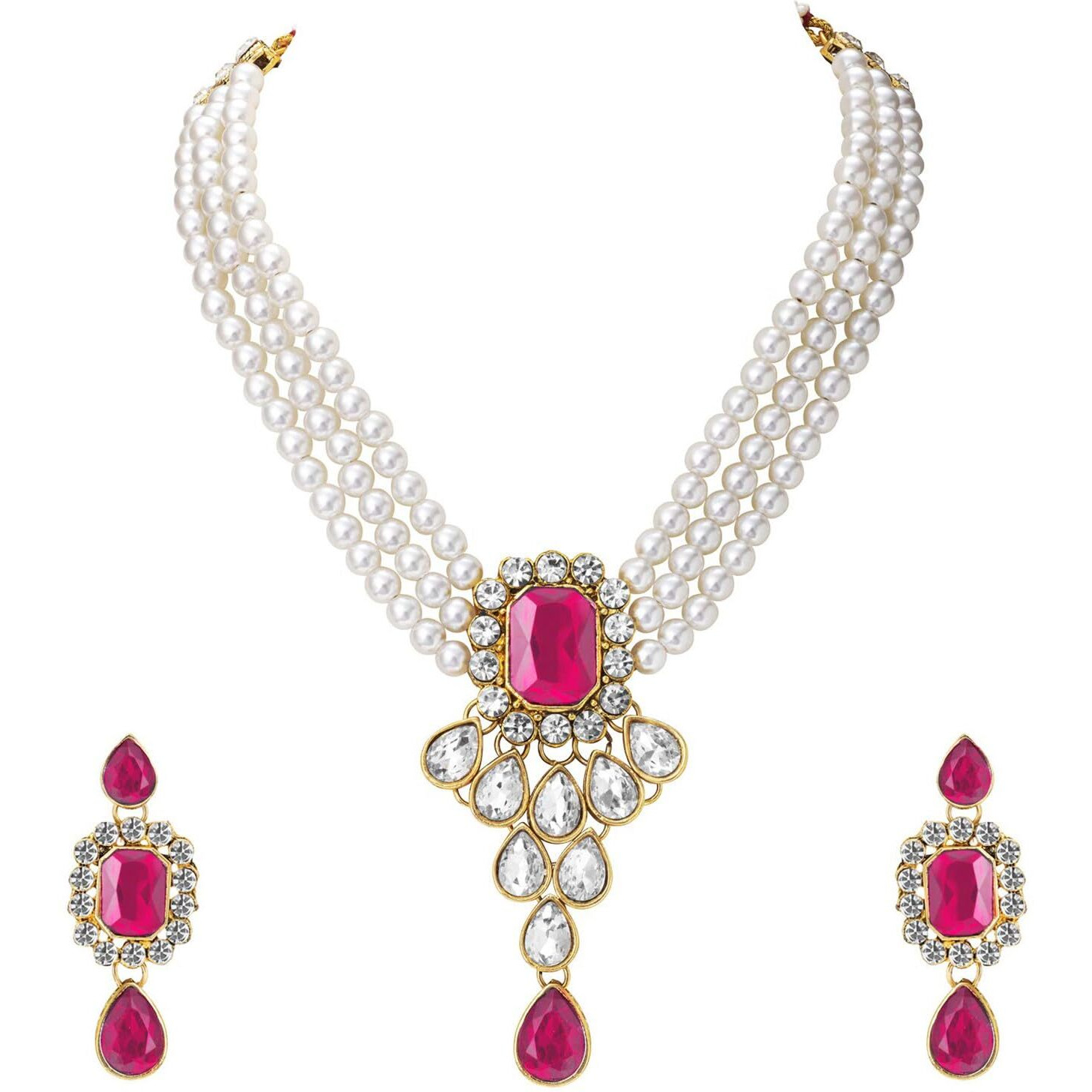 Peora Rani Pink Crystal Pearl Necklace Earring Traditional Jewellery Set for Women Girls