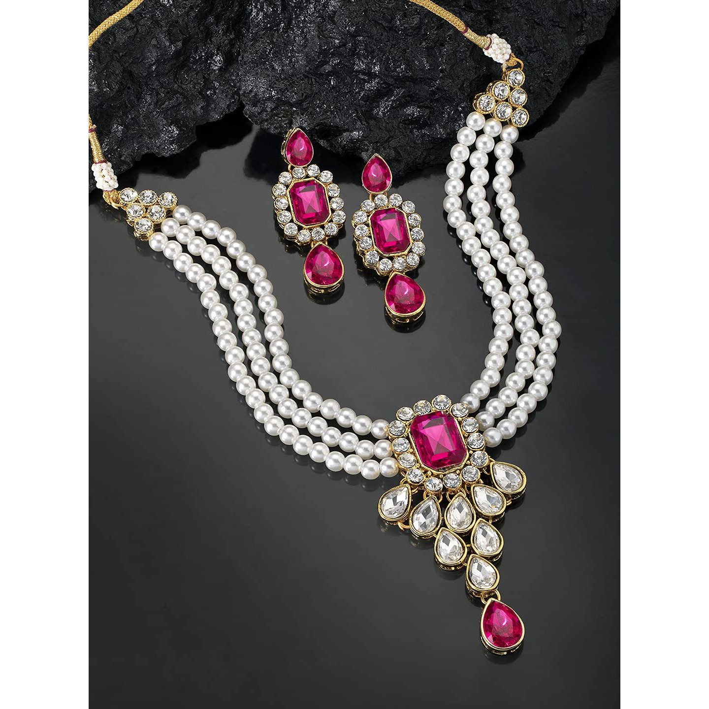 Peora Rani Pink Crystal Pearl Necklace Earring Traditional Jewellery Set for Women Girls