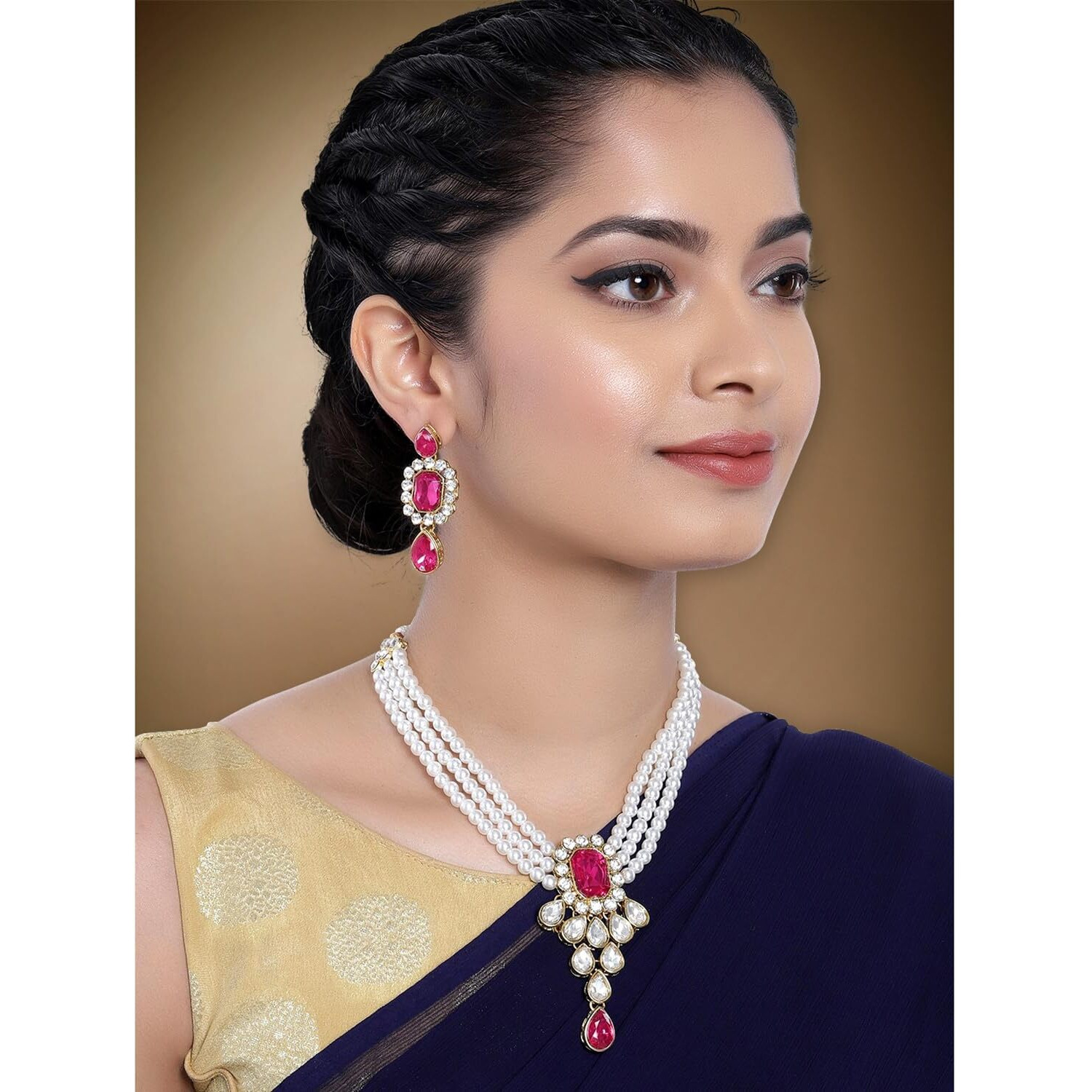 Peora Rani Pink Crystal Pearl Necklace Earring Traditional Jewellery Set for Women Girls